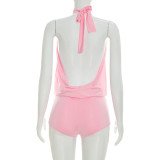 Women Halter Neck Tie-Waist Ruffled Backless Romper