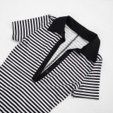 Women Striped Print Turndown Collar Short-Sleeve Three-Quarter Jumpsuit