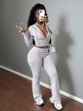 Women Autumn Casual Ribbed Hooded Zipper Top and Pant Two-Piece Set