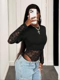 Women Sexy Lace See-Through Long-Sleeve Round Neck Black Bodysuit