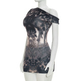 Women Leopard Print Slash Shoulder Sleeveless Top and Skirt Two-Piece Set