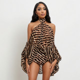 Women American-Style Halter Neck Off-Shoulder Sexy Printed Top and Shorts Two-Piece Set