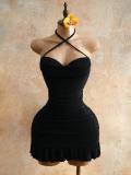 Women Strap Dress Pleated Backless Ruffle Edge Bodycon Dress