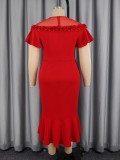 Plus Size Women Red Floral Fishtail Mesh Off-Shoulder Flutter Sleeve Formal Party Bodycon Dress