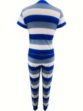 Women Striped Print Round Neck Short-Sleeve Top and Pants Two-Piece Set