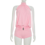 Women Halter Neck Tie-Waist Ruffled Backless Romper