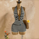 Women Spring/Summer Black and White Striped Halter Neck Hollow-Out Jumpsuit