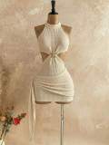 Women Halter Neck Starfish Hollow-Out Ribbon Pleated Holidays Bodycon Dress