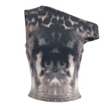 Women Leopard Print Slash Shoulder Sleeveless Top and Skirt Two-Piece Set