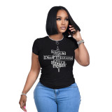 Women Casual Summer Pullover Round Neck Short-Sleeve Printed T-Shirt