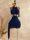 Women Halter Neck Starfish Hollow-Out Ribbon Pleated Holidays Bodycon Dress
