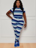 Women Striped Print Round Neck Short-Sleeve Top and Pants Two-Piece Set