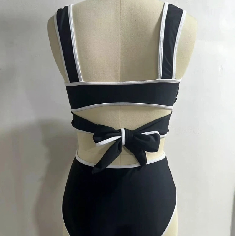 Black & White Striped Ruffled Bow Tie Two-Piece Bikini