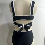 Women Black and White Striped Ruffled Bikini with Bow Tie Two-Piece Swimwear