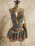 Women Printed Halter Neck Hollow-Out Bohemian Beach Holidays Dress