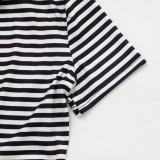 Women Striped Print Turndown Collar Short-Sleeve Three-Quarter Jumpsuit
