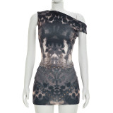 Women Leopard Print Slash Shoulder Sleeveless Top and Skirt Two-Piece Set
