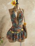 Women Printed Halter Neck Hollow-Out Bohemian Beach Holidays Dress