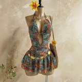 Women Printed Halter Neck Hollow-Out Bohemian Beach Holidays Dress