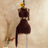 Women Halter Neck Starfish Hollow-Out Ribbon Pleated Holidays Bodycon Dress