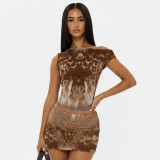 Women Leopard Print Slash Shoulder Sleeveless Top and Skirt Two-Piece Set