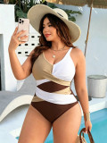 Plus Size Women Color-Blocked Crossover One-Piece Swimwear