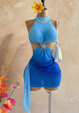 Women Halter Neck Starfish Hollow-Out Ribbon Pleated Holidays Bodycon Dress