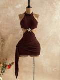 Women Halter Neck Starfish Hollow-Out Ribbon Pleated Holidays Bodycon Dress