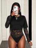 Women Sexy Lace See-Through Long-Sleeve Round Neck Black Bodysuit