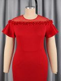 Plus Size Women Red Floral Fishtail Mesh Off-Shoulder Flutter Sleeve Formal Party Bodycon Dress