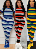 Women Striped Print Round Neck Short-Sleeve Top and Pants Two-Piece Set