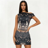 Women Leopard Print Slash Shoulder Sleeveless Top and Skirt Two-Piece Set