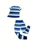 Women Striped Print Round Neck Short-Sleeve Top and Pants Two-Piece Set