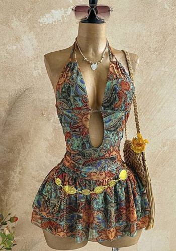 Women Printed Halter Neck Hollow-Out Bohemian Beach Holidays Dress