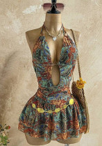 Women Printed Halter Neck Hollow-Out Bohemian Beach Holidays Dress Women Printed Halter Neck Hollow-Out Bohemian Beach Holidays Dress