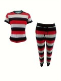 Women Striped Print Round Neck Short-Sleeve Top and Pants Two-Piece Set
