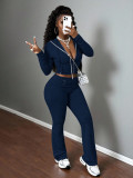 Women Autumn Casual Ribbed Hooded Zipper Top and Pant Two-Piece Set
