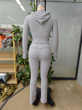 Women Autumn Casual Ribbed Hooded Zipper Top and Pant Two-Piece Set