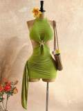 Women Halter Neck Starfish Hollow-Out Ribbon Pleated Holidays Bodycon Dress