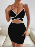 Women Strappy Cross-Hole Black and White Patchwork Sexy Bodycon Dress