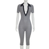Women Striped Print Turndown Collar Short-Sleeve Three-Quarter Jumpsuit