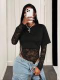Women Sexy Lace See-Through Long-Sleeve Round Neck Black Bodysuit