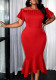 Plus Size Women Red Floral Fishtail Mesh Off-Shoulder Flutter Sleeve Formal Party Bodycon Dress