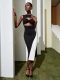 Women Sexy Black and White Color Block Evening Bodycon Dress