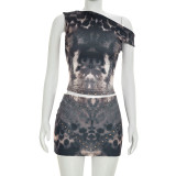 Women Leopard Print Slash Shoulder Sleeveless Top and Skirt Two-Piece Set