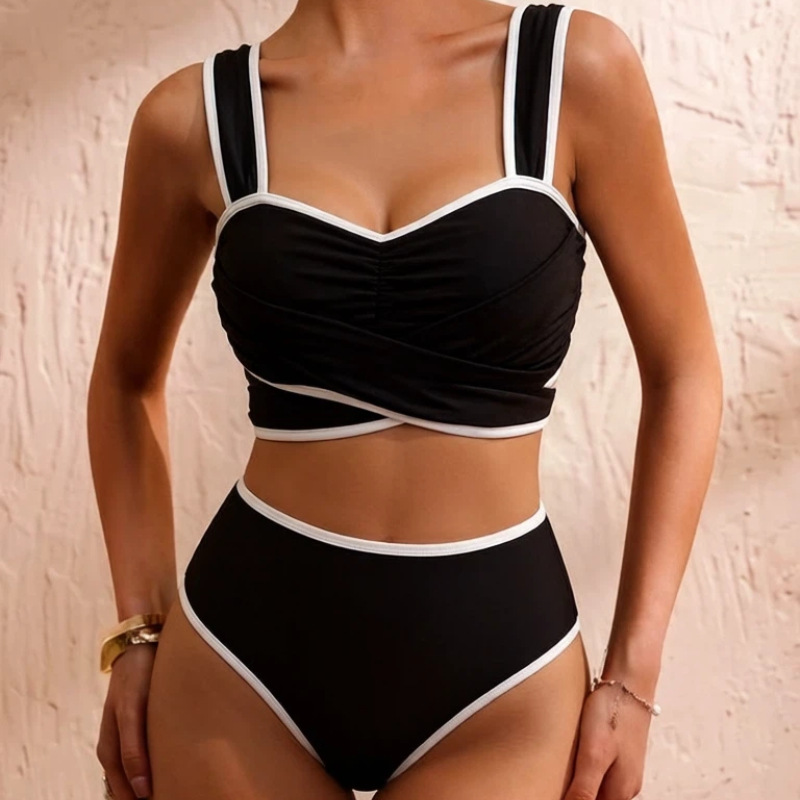 Black & White Striped Ruffled Bow Tie Two-Piece Bikini