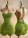 Women Strap Dress Pleated Backless Ruffle Edge Bodycon Dress