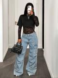 Women Sexy Lace See-Through Long-Sleeve Round Neck Black Bodysuit
