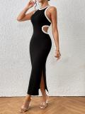 Women Summer Round Neck Sleeveless Patchwork Ribbed Sexy Bodycon Dress