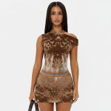 Women Leopard Print Slash Shoulder Sleeveless Top and Skirt Two-Piece Set